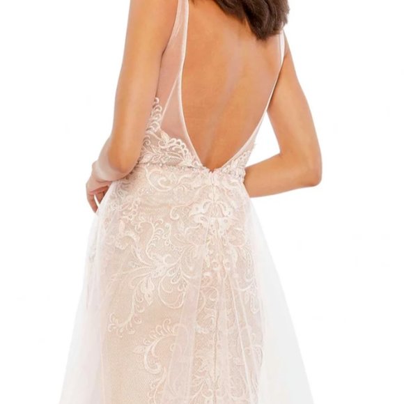 MAC DUGGAL 11183 LACE RUFFLE TIERED SLEEVELESS PLUNGE NECK PEACH GOWN sz 8 - Picture 6 of 8